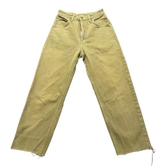 Edwin Denim - Vintage Edwin Slim Straight Leg Jeans Olive Green Cut Raw Hem‎ High Rise W28 L25